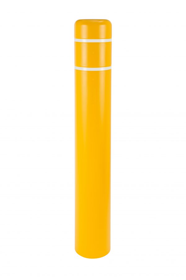 image of a yellow bollard and white stripes
