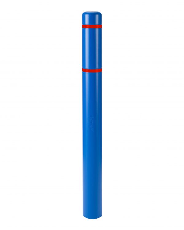 image of a blue bollard with red stripes